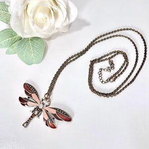 4/$20 Red Amber enamel white rhinestone dragonfly necklace